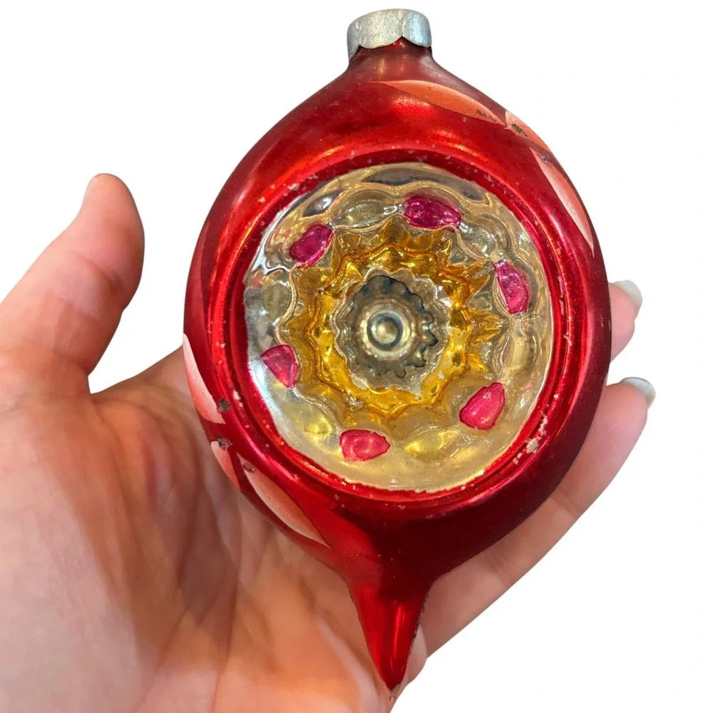 Vintage Hand Painted Indent Teardrop Red Gold Pink Floral Motif Glass Ornament